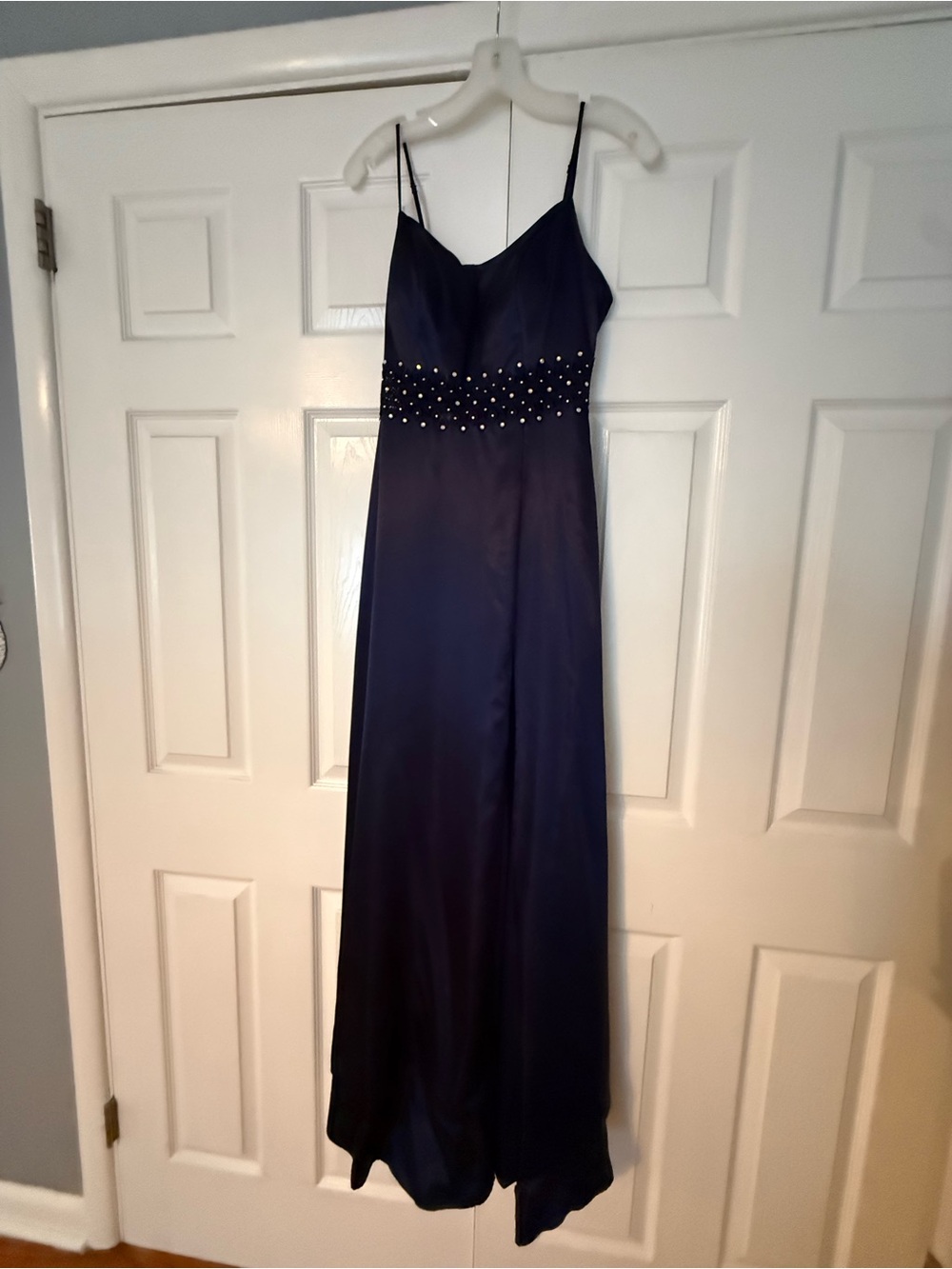 David's Bridal Navy Spaghetti-Strap Maxi with Beaded Waistband